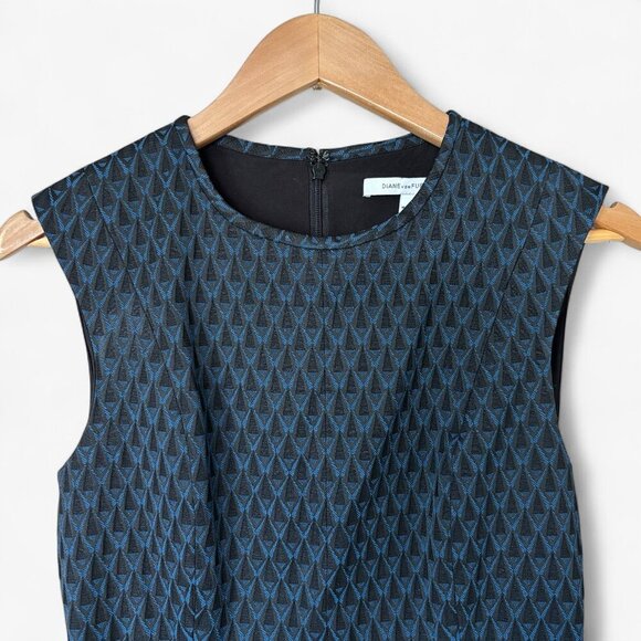 Diane Von Furstenberg Black and Blue Geometric Pattern Jacquard Madyson Dress - Picture 3 of 13